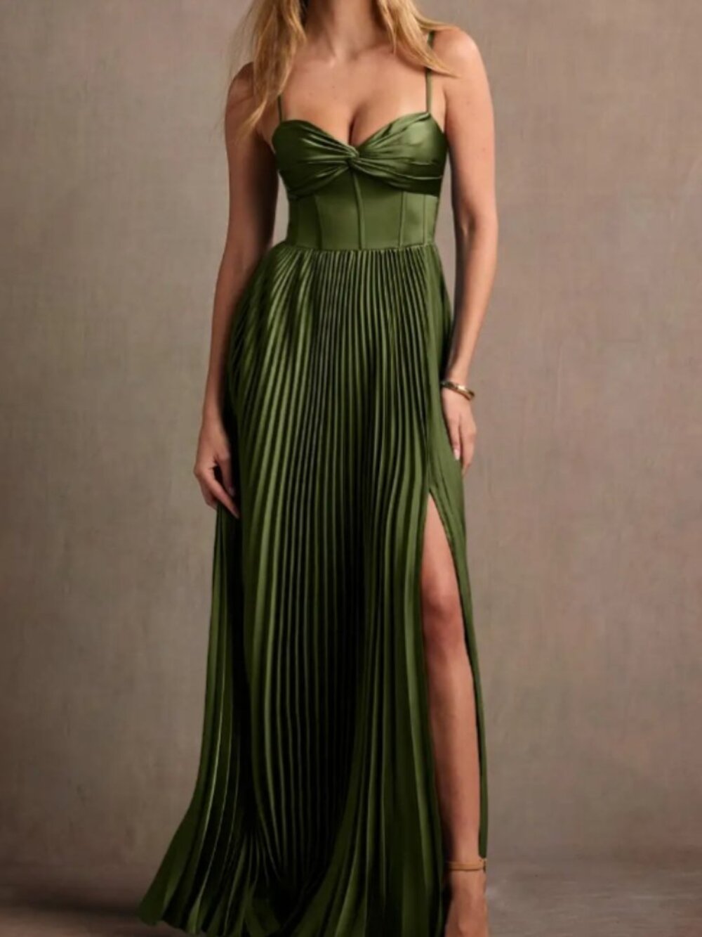 Azazie olive green pleated dress